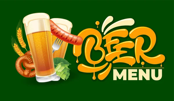 Beer menu header for drink and food establishments. Unique lettering, beer glass and snacks. Suitable for any design on beer theme. Isolated vector illustration.