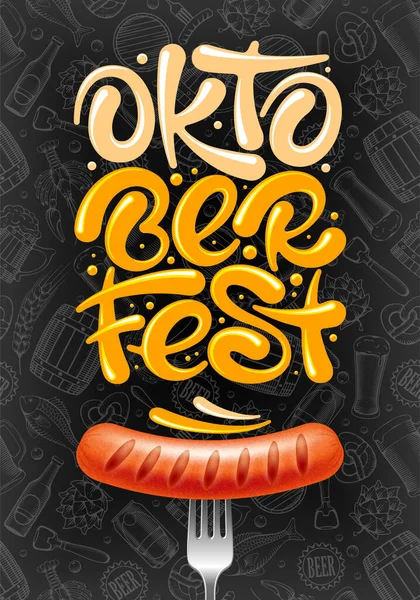 Oktoberfest Χειρόγραφη Επιγραφή Μοναδικά Γράμματα Και Λουκάνικο Σχάρας Πιρούνι Για — Διανυσματικό Αρχείο