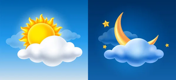 Day Night Volumetric Sun Half Moon Cloud Blue Sky Background — Stock Vector