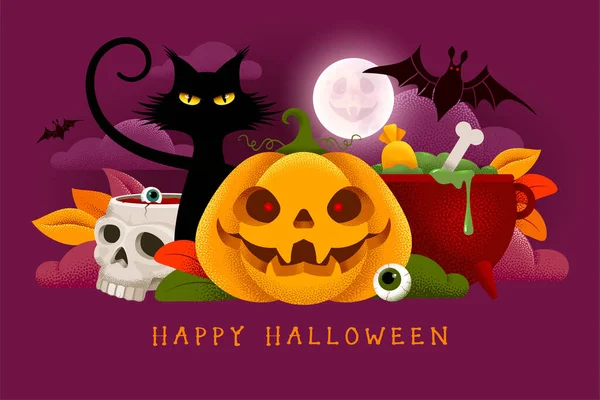 Happy Halloween Banner Lub Tło Zaproszenie Strony Dyni Czarny Kot — Wektor stockowy