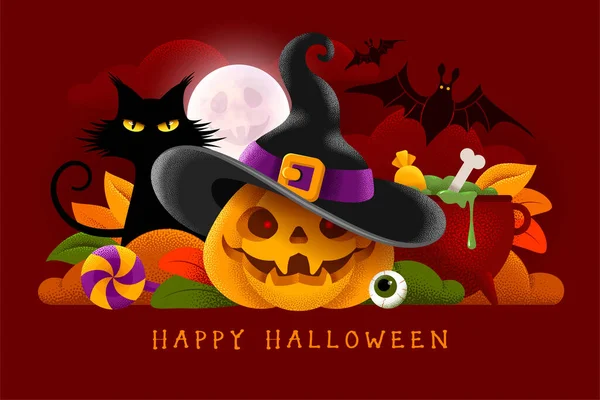 Happy Halloween Banner Party Uitnodiging Achtergrond Met Pompoen Zwarte Kat — Stockvector