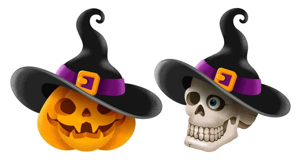 Feliz Halloween Celebraciones Personajes Conjunto Calabaza Cráneo Vestidos Con Sombreros — Vector de stock