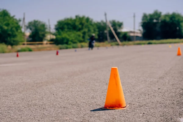 Orange Cone Close Site Bikers Traffic Cones Training Ground Driving Royalty Free Stock Images