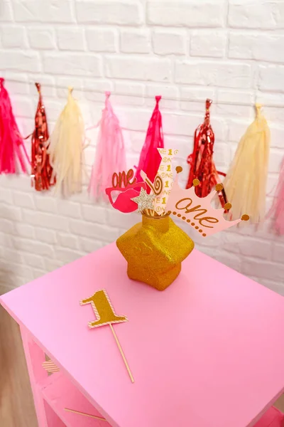 Paper Props Celebration First Year Birthday Idea Decorating Pink Style — Stock Photo, Image