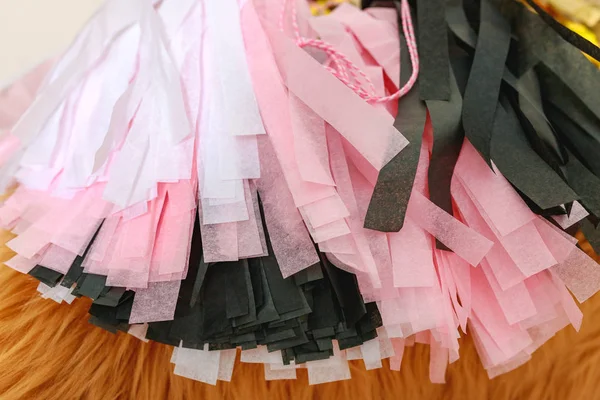 Pink white and black tissue paper garland. Paper fun decorations for birthday. Props for photo shoot booth decoration for holiday festival wedding party.