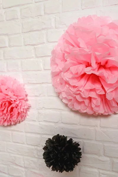 Pink Black Tissue Paper Flowers White Brick Wall Paper Fun — Stock Photo, Image