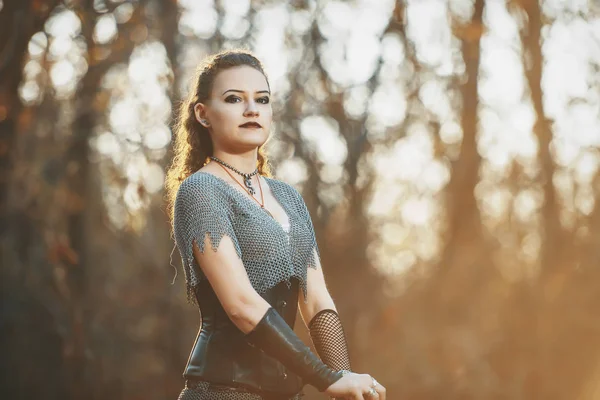 Chica Caballero Cota Malla Con Una Espada Metal Cosplay Estilo — Foto de Stock