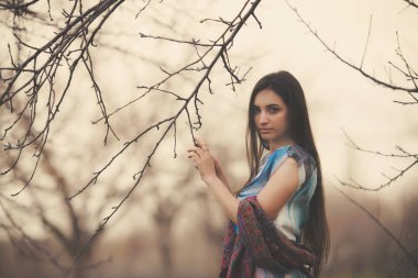 Baharın başında bir bahçede güzel bir genç kadının portresi. Huş ağacından bir korulukta açık renk elbiseli esmer kız. Esmer kız ormanda yürüyor