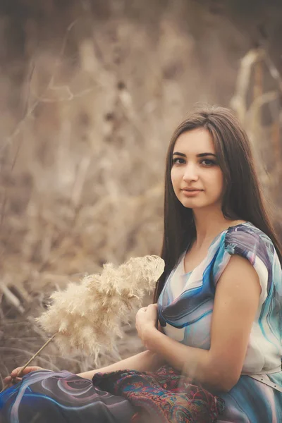 Retrato Una Hermosa Joven Matorral Cañas Secas Chica Morena Vestido — Foto de Stock