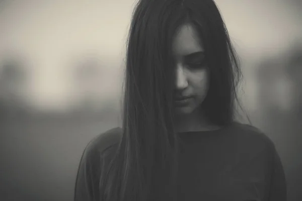 Girl Long Dress Background Gloomy Forest Black White Photo Woman — Stok fotoğraf