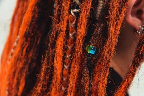 Red Fiery Natural Dreadlocks Pigtails Decorations White Orange Dreadlocks Close — Stock Photo, Image