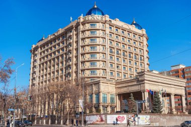 Şymkent, Kazakistan, 02.19.2020, Rixos otel binasının ön cephesi.