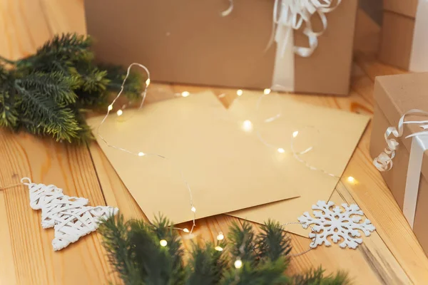 Christmas Envelope Inscriptions Wooden Background Decorations Envelope Gift Box Christmas — Stock Photo, Image