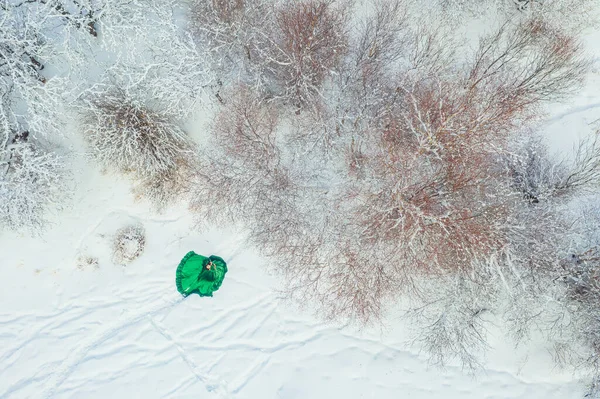 Une Fille Robe Verte Longue Fabuleuse Dans Les Montagnes Enneigées — Photo