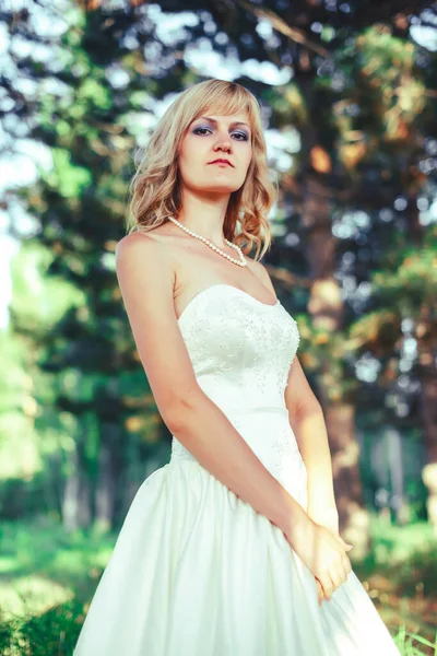 Una Chica Con Vestido Novia Bosque Pinos Una Mujer Con — Foto de Stock