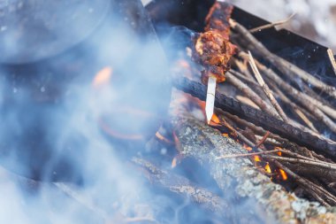 Izgarada ızgarayla dumanlı çaydanlık kampı. Biri ızgarada et olan şişi soksun. Kış pikniğinde dumanın içinde barbekü.