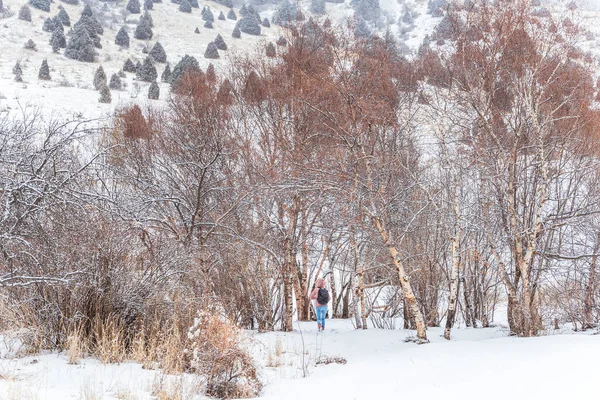 Dziewczyna Plecakiem Idzie Lasu Górach Zimowy Spacer Śniegu Wąwozie Gór — Zdjęcie stockowe