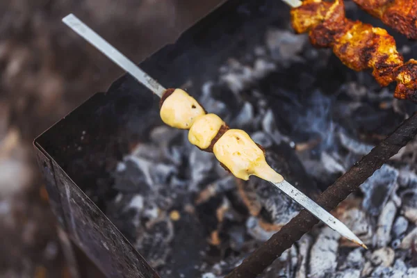 Camping Grill Niezwykłym Shish Kebab Ziemniaków Kiełbasa Ser Shish Kebab — Zdjęcie stockowe