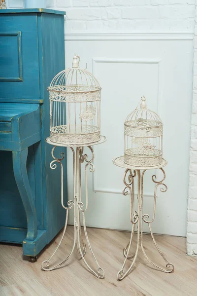 Decorative Metal Birdcage Candle Lanterns Wrought Iron Stands Beautiful Vintage — Stock Photo, Image