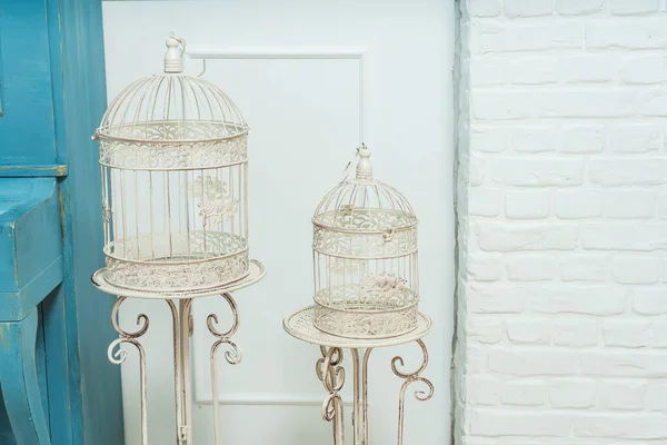 Decorative Metal Birdcage Candle Lanterns Wrought Iron Stands Beautiful Vintage — Stock Photo, Image