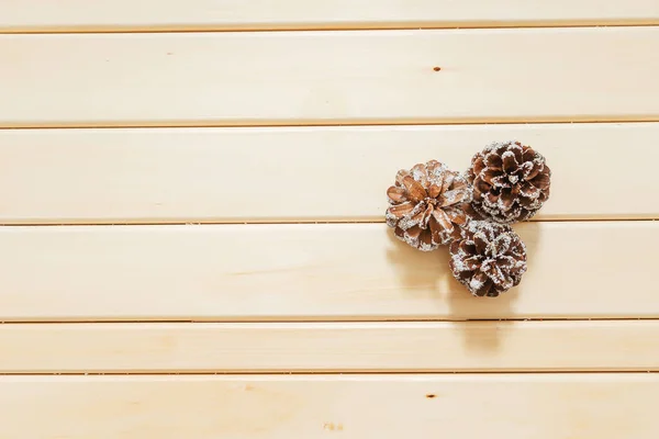 Natural Fir Cones Covered Imitation Snow Light Wooden Background Fake — Stock Photo, Image