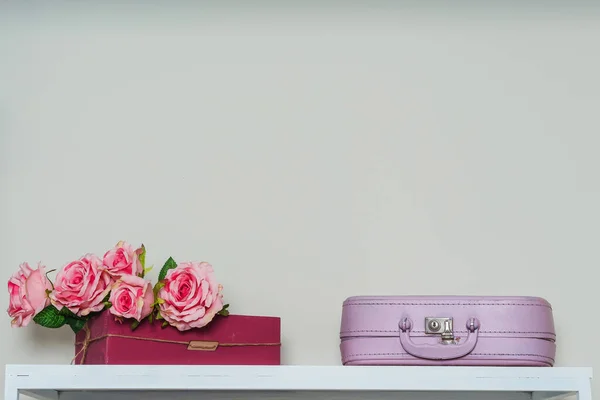 Pink Roses Wooden Box Retro Suitcase Shelf Spring Romantic Decor Stock Photo