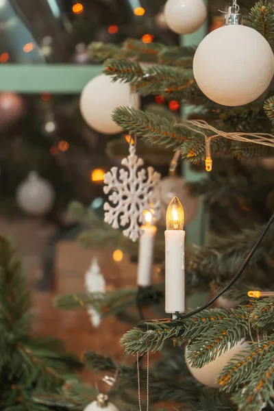 Garland Form Candles Christmas Tree White Decoration Balls Snowflakes Christmas — Stock Photo, Image