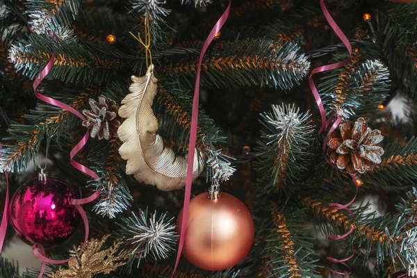 Balls Ribbon Garlands Pink Gold Maroon Style Close Artificial Christmas — Stock Photo, Image