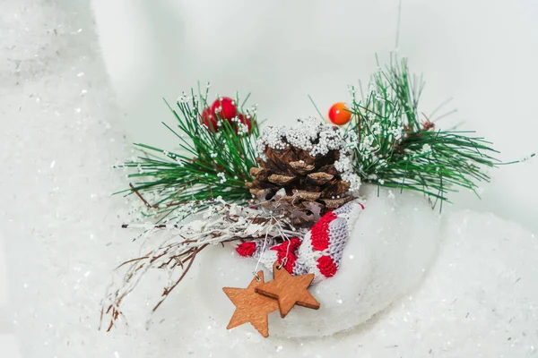 Fake Fir Branch Snow Brown Ribbons Neck Deer Figurine Christmas — Stock Photo, Image