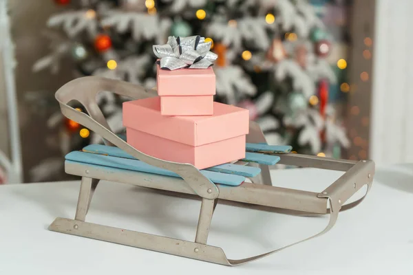 Miniature Decorative Christmas Sled Gift Boxes Pink Gift Boxes Silver — Stock Photo, Image