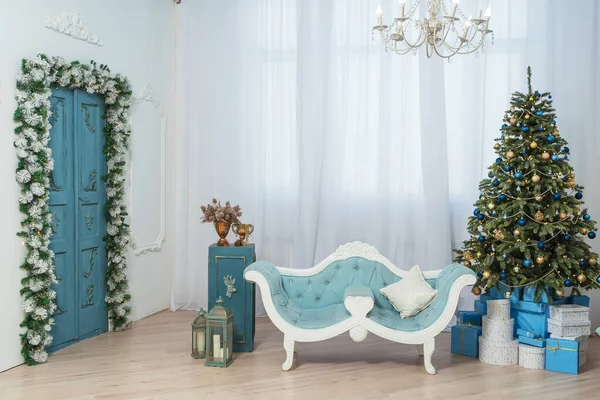 Blue Sofa Piano Beautiful Classic Interior Christmas Decorations Gold Blue Stock Photo