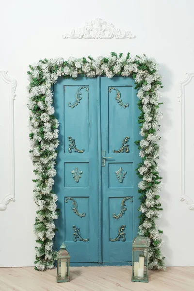 Blue Door Stucco Fir Garlands Christmas Decorations Design Room Classic Stock Image