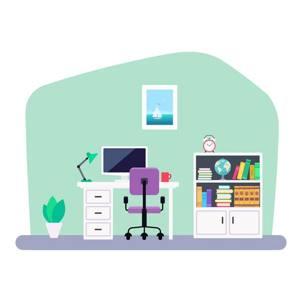 Moderno lugar de trabajo diseño plano interior vector ilustración — Vector de stock