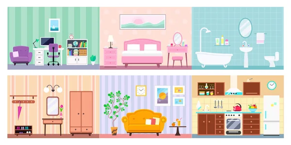 Vector set of different house rooms interior — Stock Vector