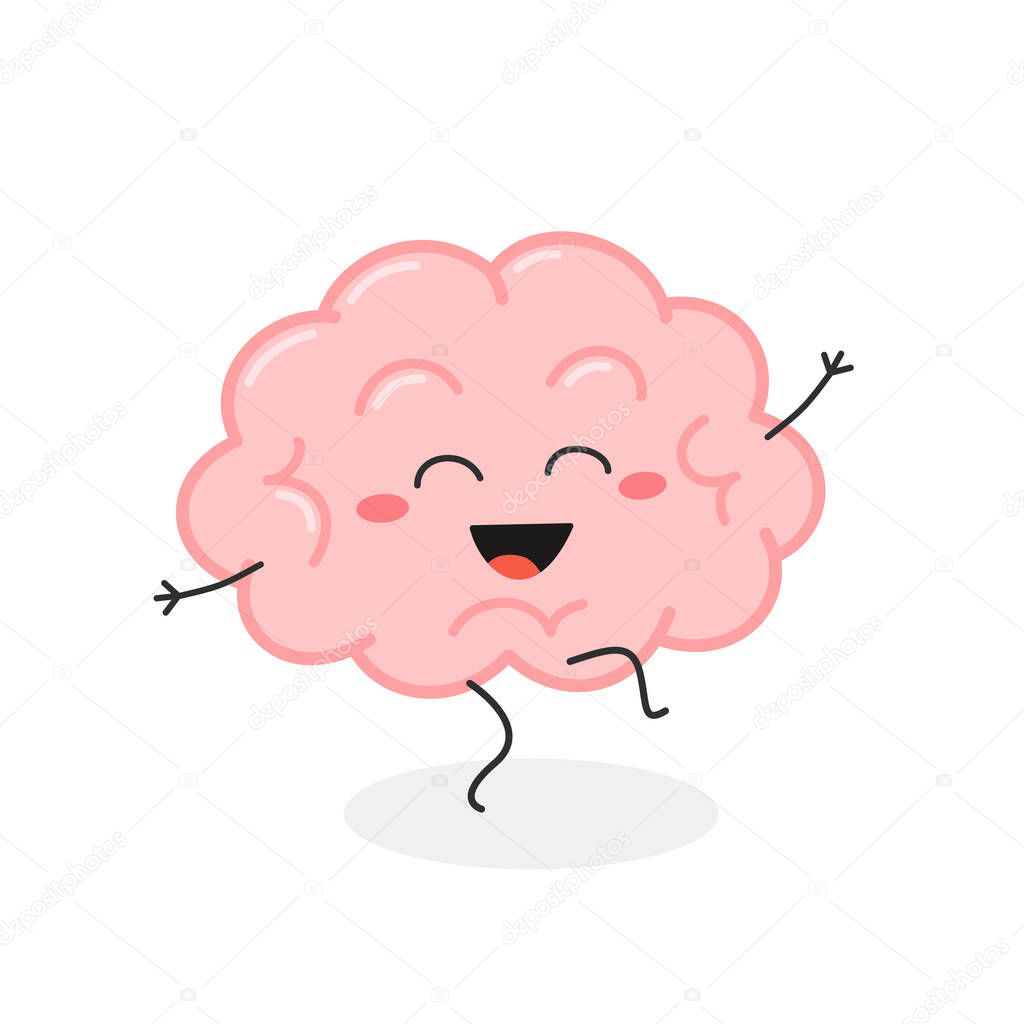 Funny dancing cartoon brain character vector illustration