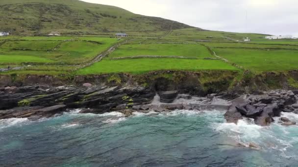 Hermosa vista aérea de la isla de Valentia. Lugares que vale la pena visitar en la ruta costera del Atlántico. Escenic Irish countyside on a dull spring day, County Kerry, Irlanda . — Vídeo de stock