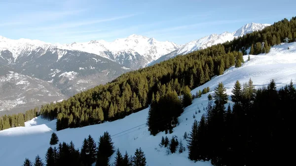 Cena aérea de inverno de picos de montanha nevados alpinos e floresta de abeto escuro na neve — Fotografia de Stock