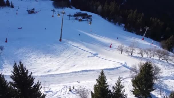 Luchtfoto winter scene van alpine besneeuwde bergtoppen en donkere sparren bos in de sneeuw — Stockvideo