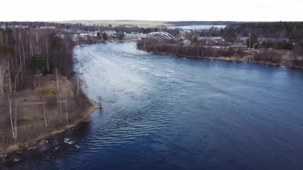 Vue aérienne de la rivière Vuoksi, de la forêt et de la colonie le jour d'automne, Losevo, Oblast de Leningrad, Russie 