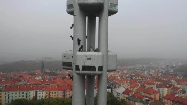 Aerial view of citycape of old town of Prague, with a lot of rooftops, churches, and the landmark of Tower Park Praha. — Stock Video