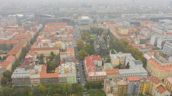 Prag 'ın kırmızı çatıları ve Prag' ın tarihi eski kasabasının düzinelerce kulesi. Puslu ve sisli bir günde Prag şehri manzarası. Kırmızı çatılar, kuleler ve arka plandaki eski şehir. Prag, Praha, Çek. — Stok fotoğraf