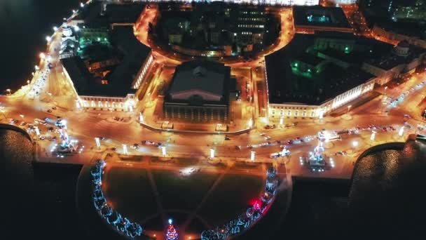 Luchtfoto van de beurs van Sint-Petersburg en Rostral Columns, Sint-Petersburg, Rusland — Stockvideo