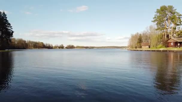 Αεροφωτογραφία της λίμνης Borisovskoye, του δάσους και του οικισμού την ημέρα του φθινοπώρου, Borisovo, Περιφέρεια Λένινγκραντ, Ρωσία — Αρχείο Βίντεο