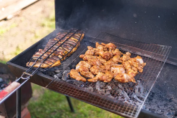 Surtido de deliciosa carne a la parrilla con verduras sobre las brasas en una barbacoa —  Fotos de Stock