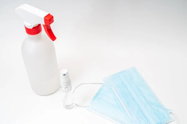 Protective Face Mask Sanitizer Gel Dispenser White Background Novel Coronavirus — Stock Photo, Image