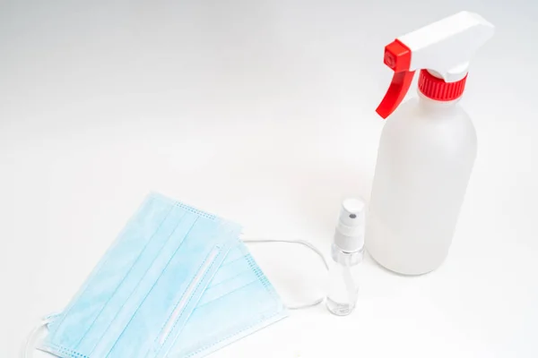 Protective Face Mask Sanitizer Gel Dispenser White Background Novel Coronavirus — Zdjęcie stockowe