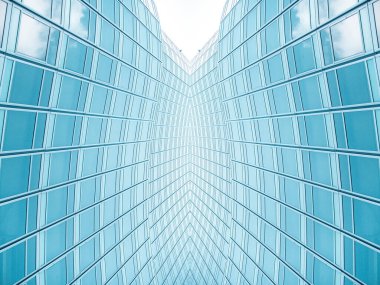 Çelik mavi camlı gökdelenlere panoramik ve perspektif manzarası, başarılı endüstriyel mimari iş konsepti