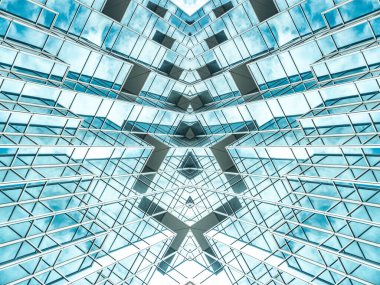 Çelik mavi camlı gökdelenlere panoramik ve perspektif manzarası, başarılı endüstriyel mimari iş konsepti