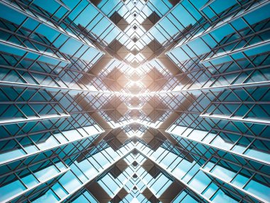 Çelik mavi camlı gökdelenlere panoramik ve perspektif manzarası, başarılı endüstriyel mimari iş konsepti