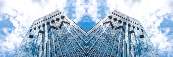 Spodní Panoramatický Perspektivový Pohled Ocelově Modré Sklo Vysoké Budovy Mrakodrapy — Stock fotografie
